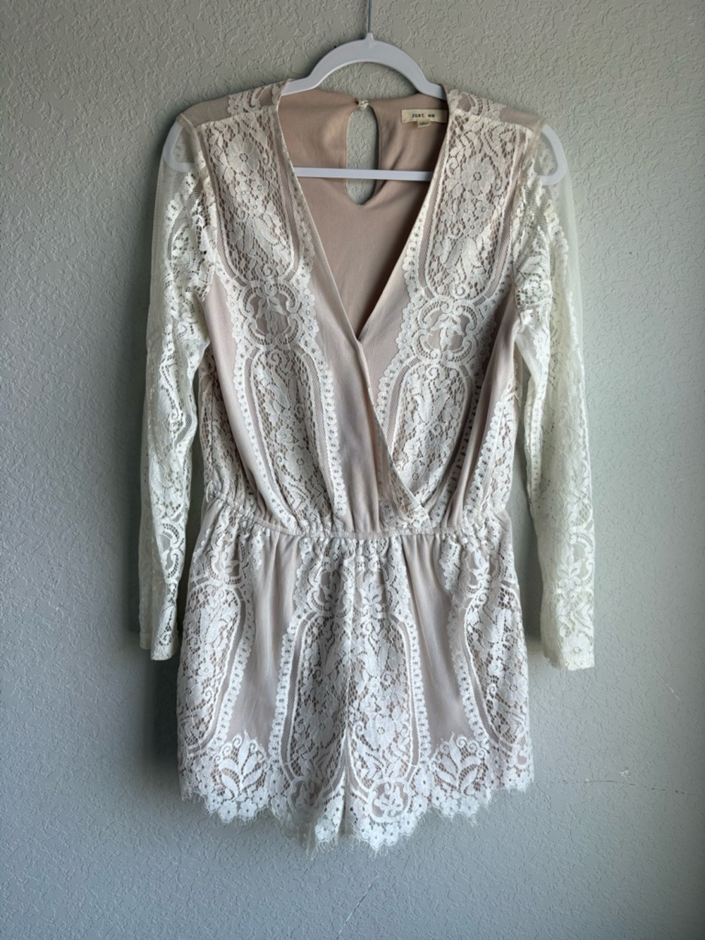Just Me Nude Lace Romper Boho V-Neck Long Sleeve Sheer Lace Overlay Size L